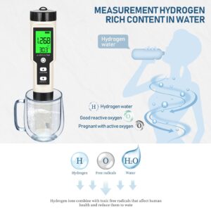 Hydrogen Water Tester 4 in 1 PH,H2,ORP&Temp,pH Meter ORP Meter Hydrogen Tester for Water with ATC & Backlight,Accurate Hydrogen Water ppb/ppm Meter,Water Testing Kits for Drinking Water Quality