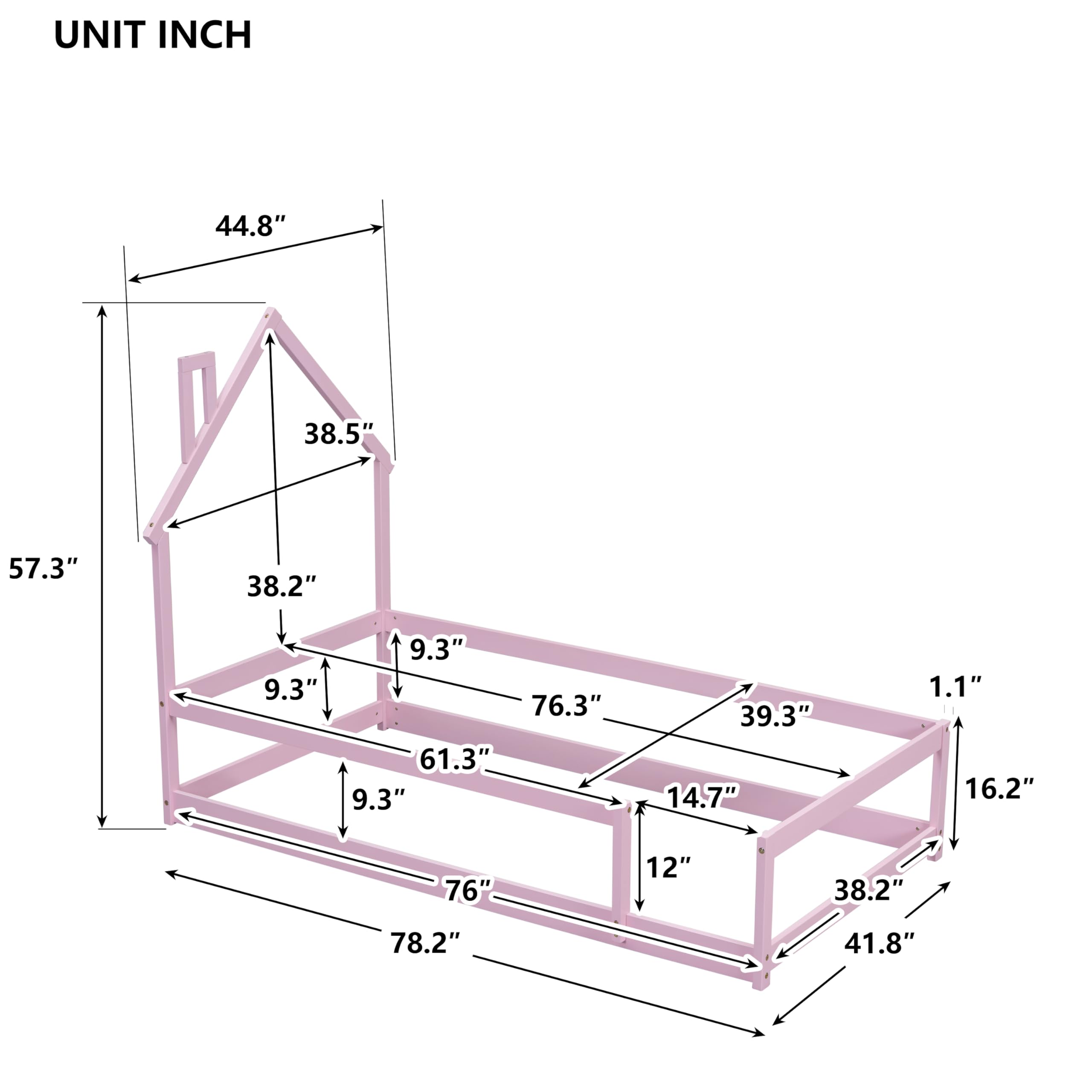 Luxo Abode Twin Size Montessori Floor Bed with Guardrails Fences, Pine Wood Bed Frame w/Chimney House-Shaped Headboard, Easy Assembly, for Toddlers, Children's Room, Playroom, Pink