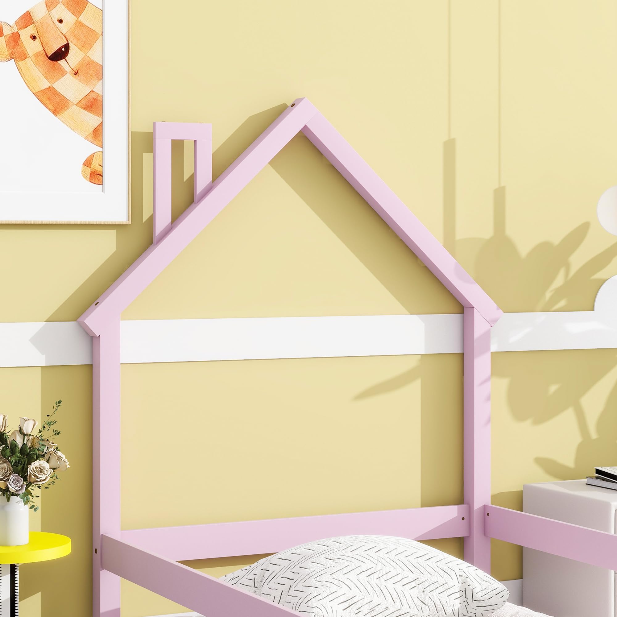 Luxo Abode Twin Size Montessori Floor Bed with Guardrails Fences, Pine Wood Bed Frame w/Chimney House-Shaped Headboard, Easy Assembly, for Toddlers, Children's Room, Playroom, Pink