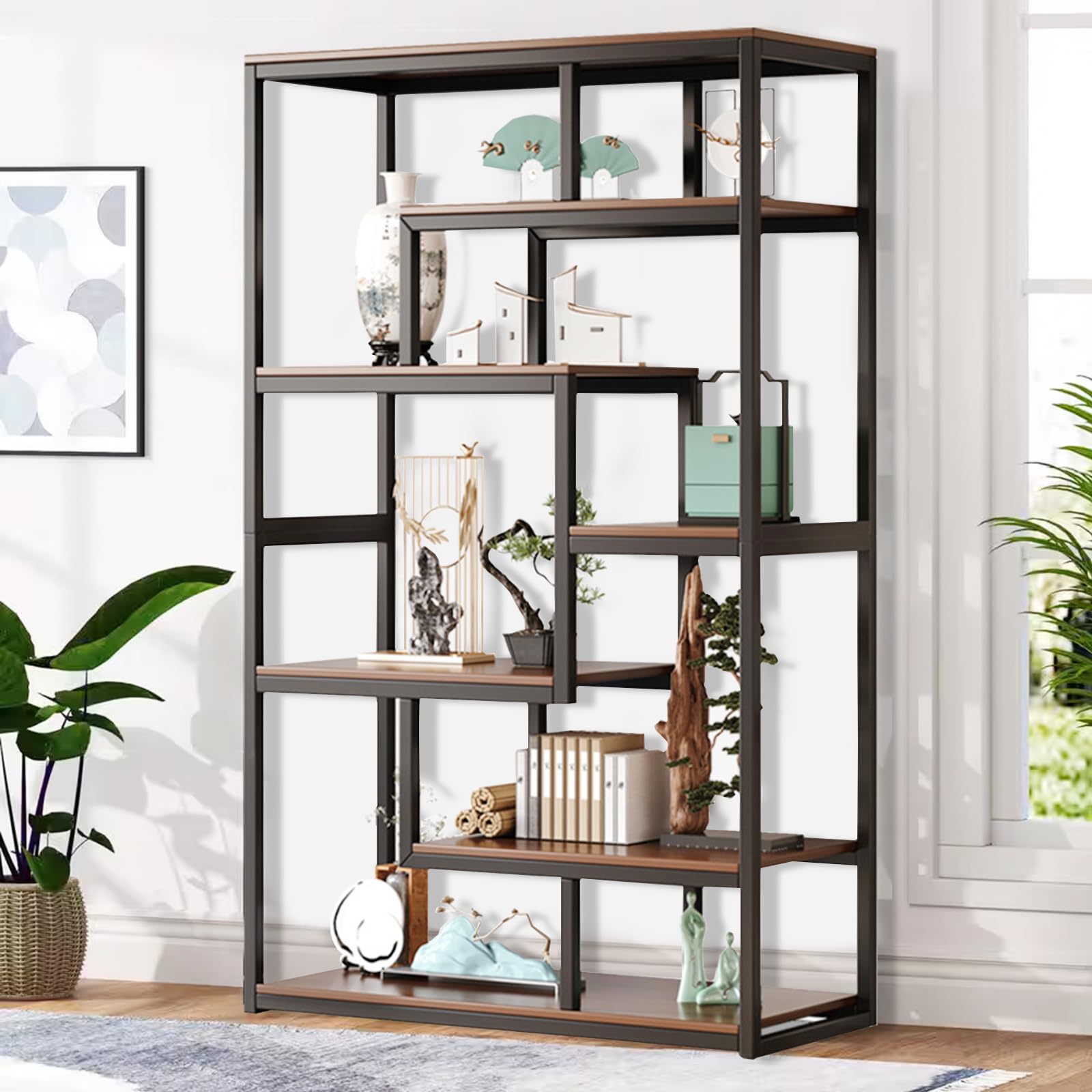 GEBAROW 7 Tier Bookshelf, Modern Bookshelf with Metal Frame, Industrial Bookshelf, Large Open Bookshelf for Bedroom, Living Room and Home Office Vintage Brown