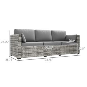 Wicker Patio Couch, PE Rattan 3-Seat Sofa, Outdoor Furniture with Deep Seating, Cushions, Steel Frame, Gray