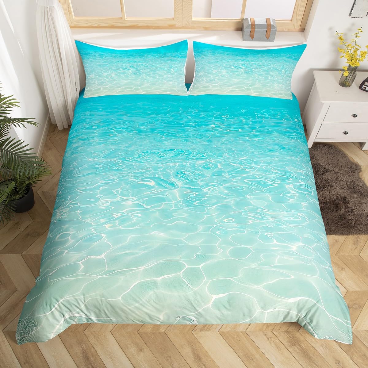 Castle Fairy Hawaii Sea Wave Bedding Set Tropical Ocean Summer Comforter Cover Ombre Blue Duvet Cover Room Decor Swimming Pool Bedspread Cover King Bedding Collection 3Pcs