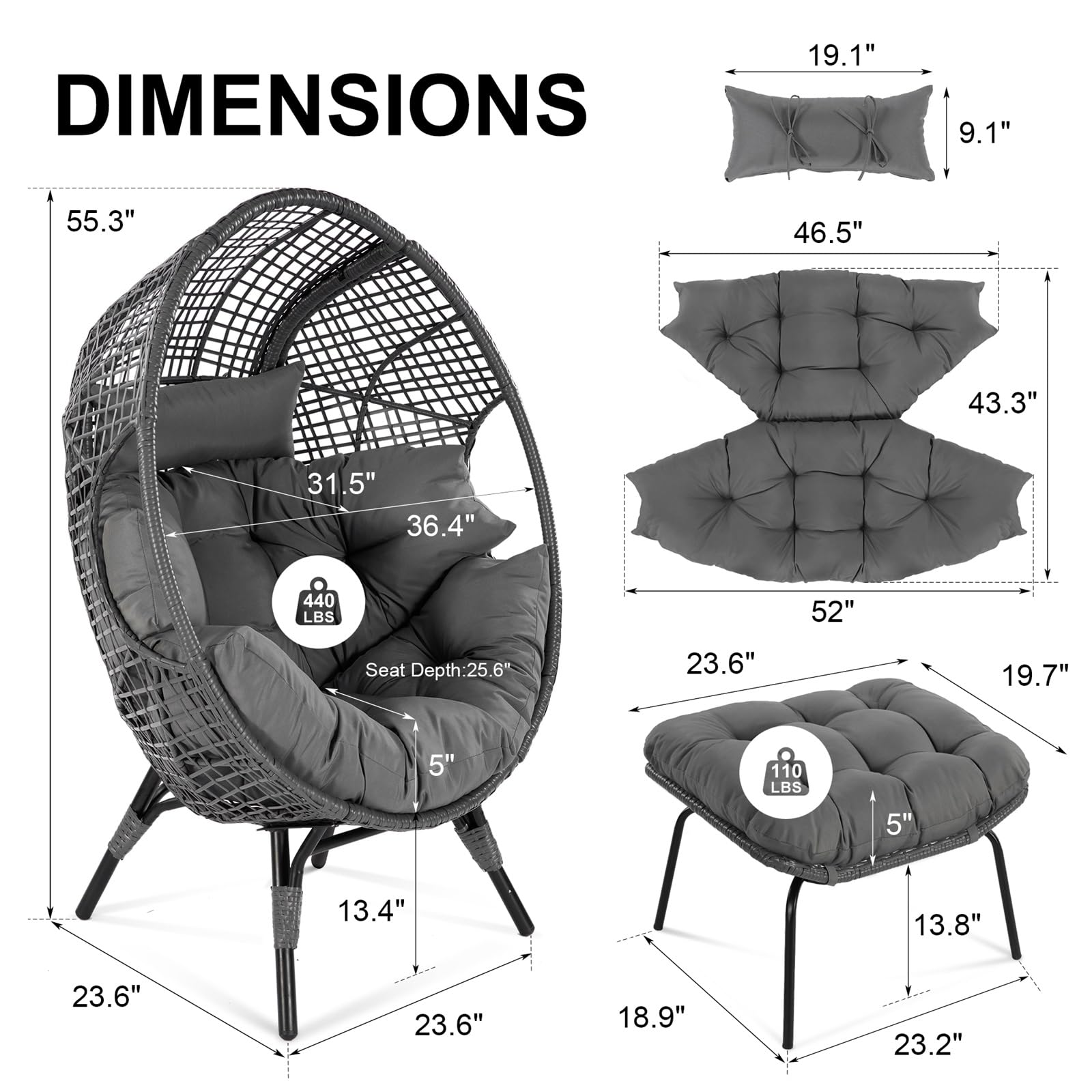 FINCATI Delicated Outdoor Indoor Wicker Egg Chair with Footrest, Oversized 440 lbs Egg Basket Cocoon Chair with Ottoman, PE Rattan Patio Stationary Cushioned Lounge Chair for Balcony Living Room