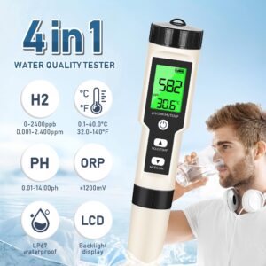 Hydrogen Water Tester 4 in 1 PH,H2,ORP&Temp,pH Meter ORP Meter Hydrogen Tester for Water with ATC & Backlight,Accurate Hydrogen Water ppb/ppm Meter,Water Testing Kits for Drinking Water Quality