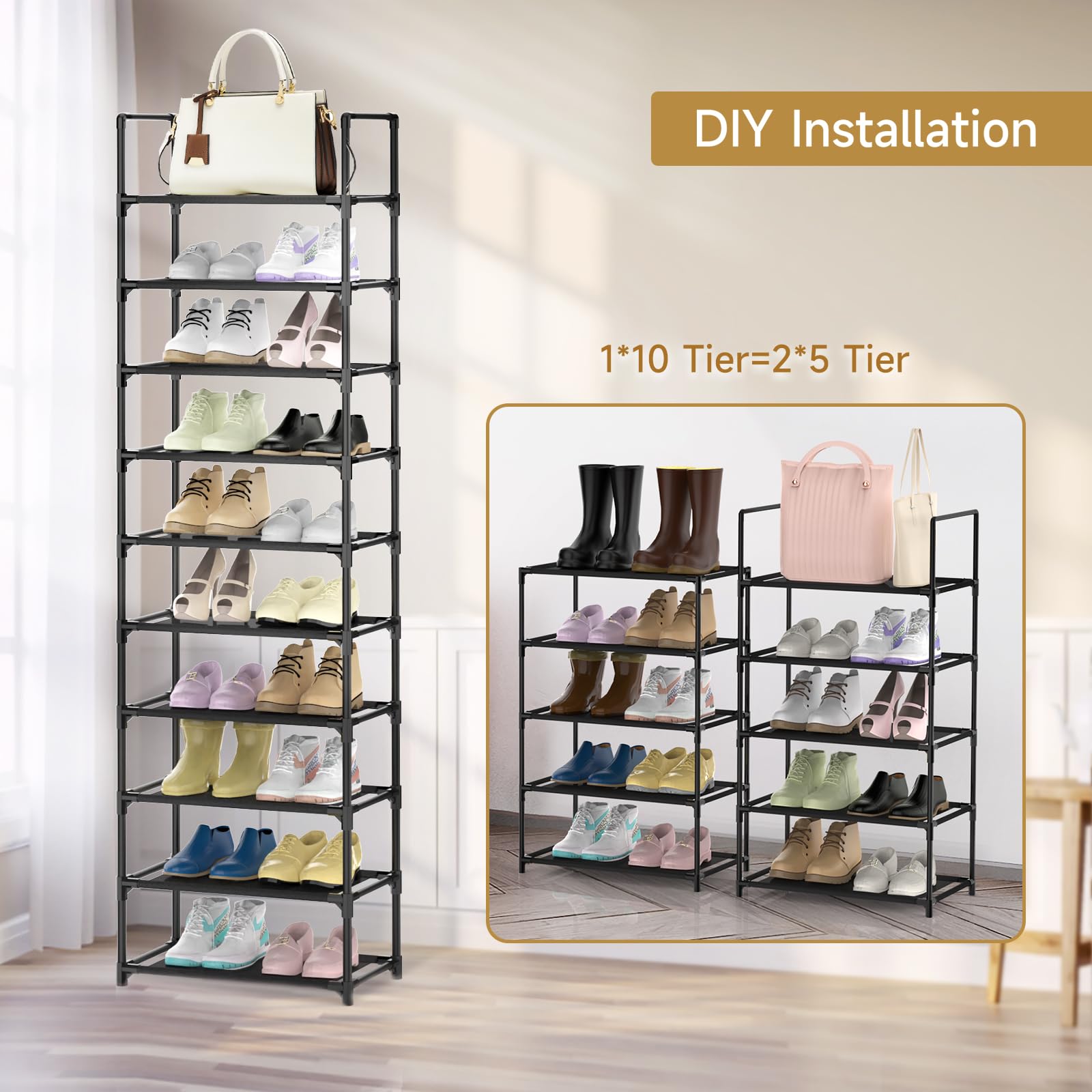 barsone Shoe Rack 10 Tiers, 20-25 Pairs Shoe Organizer Storage Shelf Stand Tower Shoe Rack, Space Saving Shoe Shelves Narrow Free Standing Shoe Rack for Closet Entryway Hallway Apartment Garage