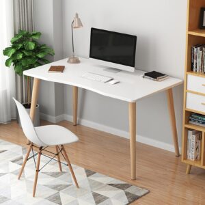 HEVIRGO Computer Desk,Home Office Desk,Nordic Style Home Study Desk,Student Wood Writing Table with Ergonomic Edge,Makeup Workstation for Living Room Kitchen Bedroom White