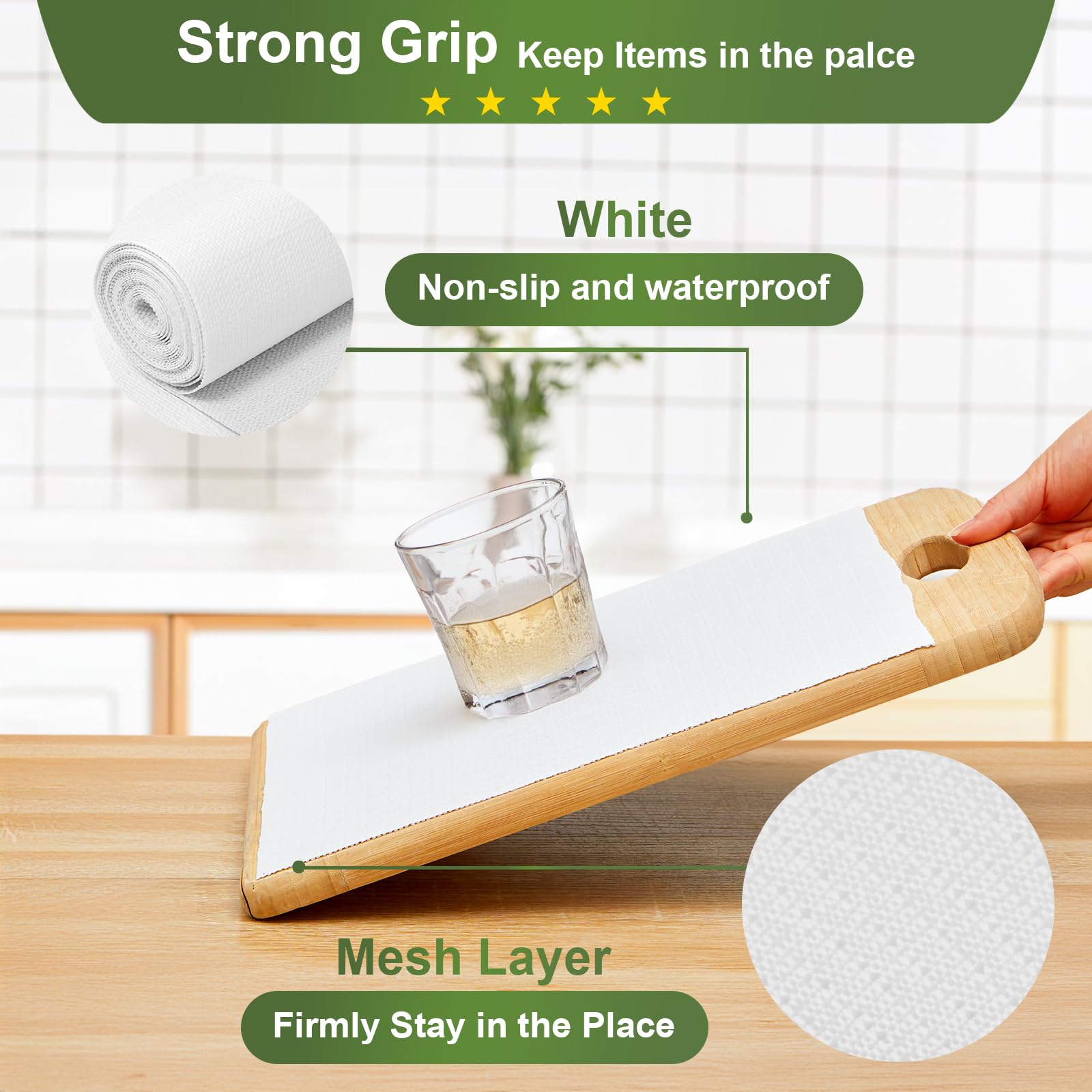 Moriah Non Adhesive Shelf Liner for Kitchen Cabinet, Strong Grip Drawer Liner Waterproof Washable for Bathroom, Non Slip Cabinet Paper Liner Protector for Cupboard Shelves(White,12'' x 10')