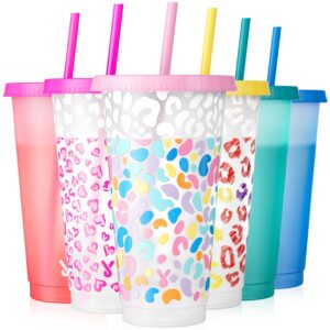 meoky plastic cups with lids and straws - 6 pack 24 oz color changing cups, iced coffee cups, reusable tumblers bulk for party, car, adults, women, bpa-free (solid & patterned)