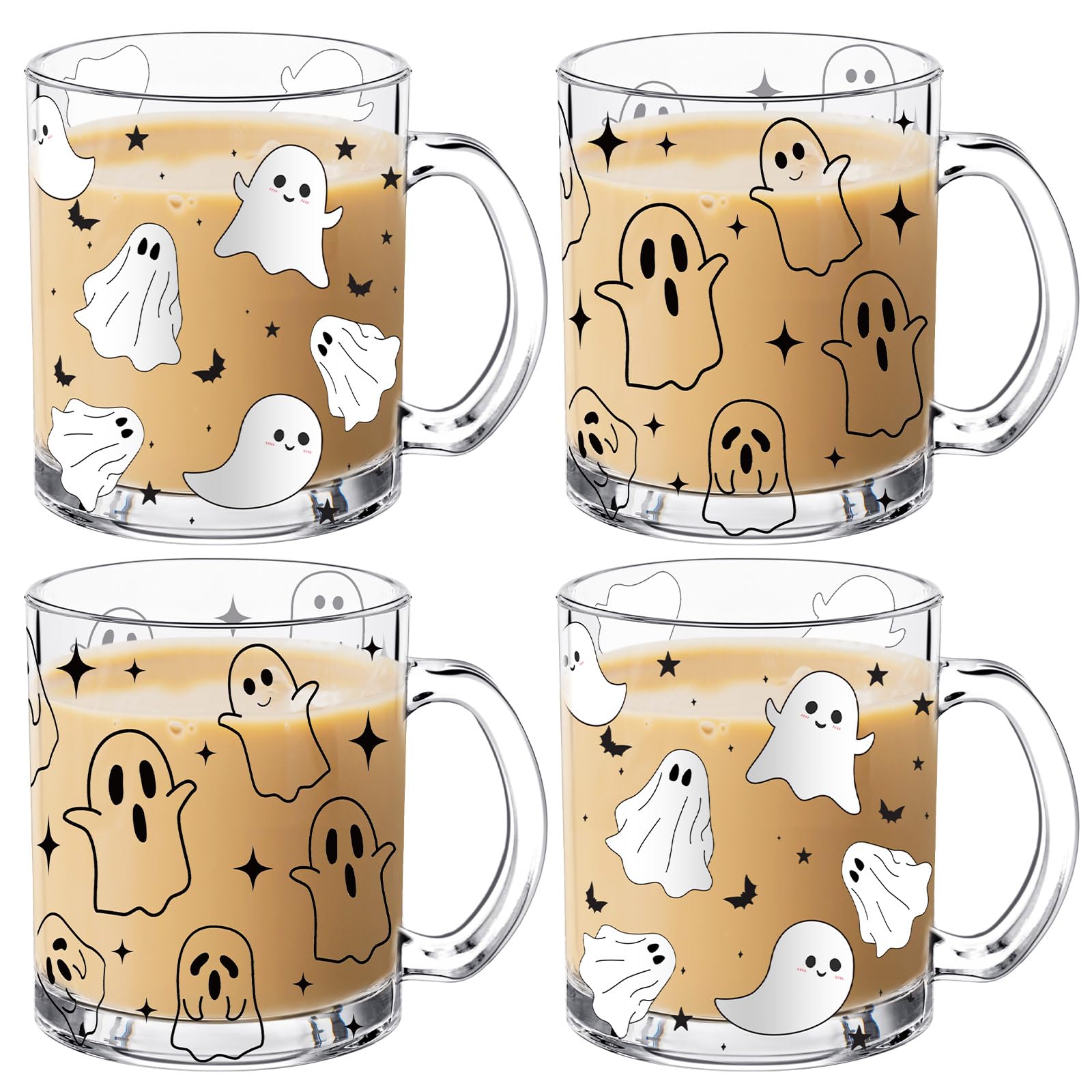 RimCereal 4 PCS Halloween Ghosts Glass Coffee Mugs with Handle Spooky Iced Coffee Cup Halloween Home Decor Cute Halloween Gifts Halloween Spooky Cups, 12oz