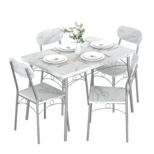 vecelo 5-piece dining room table set, rectangular dinette with 4 chairs for kitchen, breakfast nook, small space, marble white