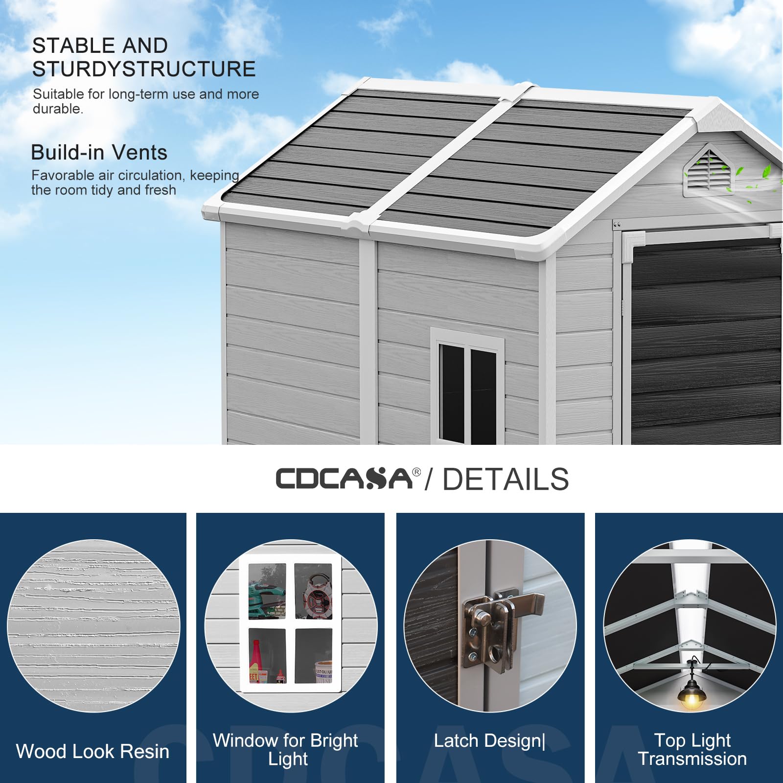 CDCASA 6x4 FT Outdoor Resin Storage Shed with Floor & Lockable Door & Window & Vents Included, Waterproof Outside Plastic Sheds for Backyard, Patio, Poolside, Lawn, Gray