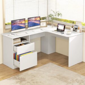 Tangkula L-Shaped Desk with 2 Storage Drawers, 59” Corner Computer Desk with File Drawer & Open Shelf, Computer Workstation with 2 Cable Management Holes, Space-Saving Executive Office Desk (White)