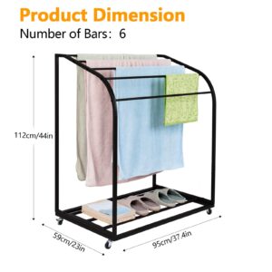 IDEALHOUSE Pool Towel Rack Outdoor with Wheels,PVC Trapedozal Outdoor Towel Rack for Pool,5 Bar Curved Towel Rack - Free Standing Poolside Storage Organizer,Towel Stand for Beach,Pool,Indoor,Black