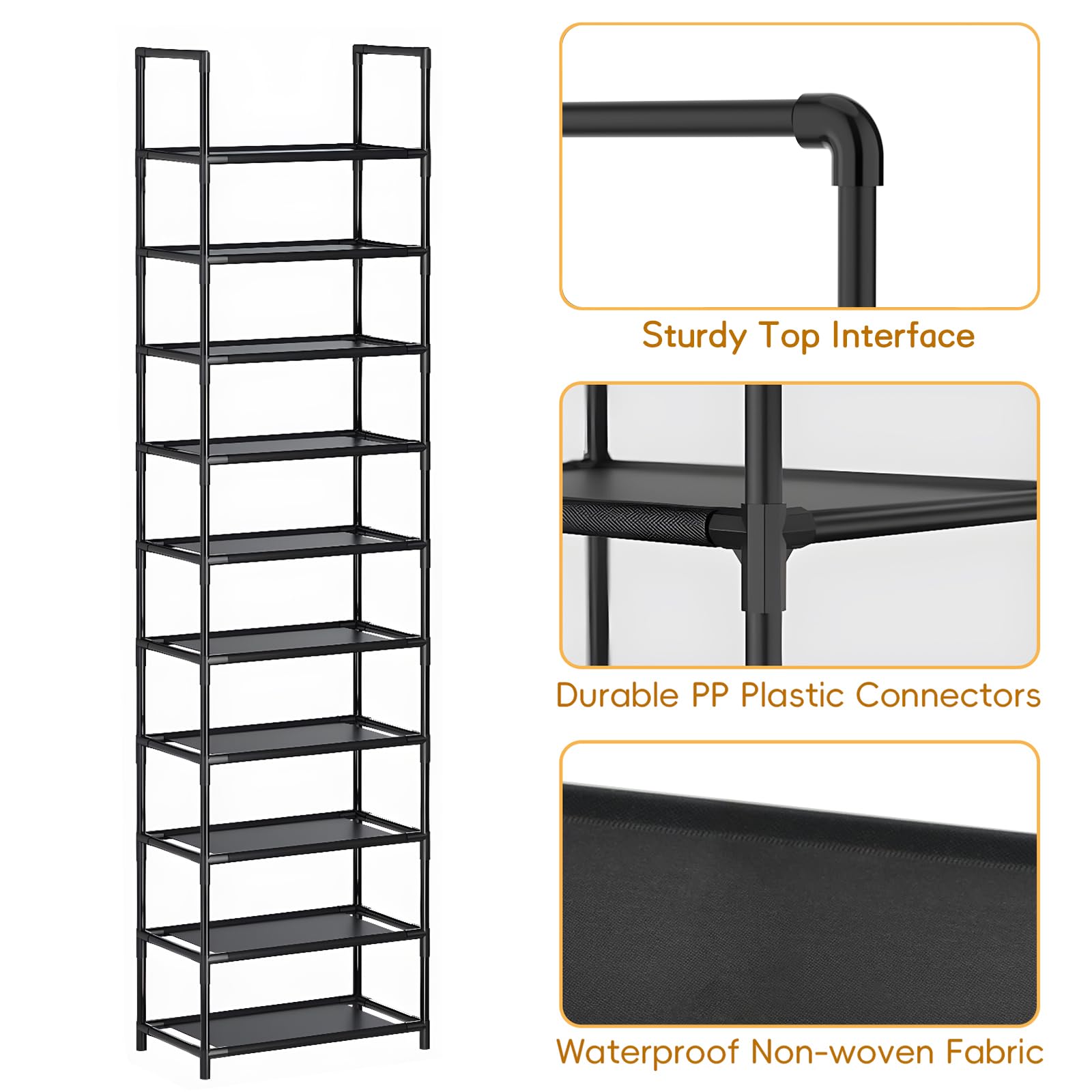 barsone Shoe Rack 10 Tiers, 20-25 Pairs Shoe Organizer Storage Shelf Stand Tower Shoe Rack, Space Saving Shoe Shelves Narrow Free Standing Shoe Rack for Closet Entryway Hallway Apartment Garage