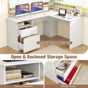 Tangkula L-Shaped Desk with 2 Storage Drawers, 59” Corner Computer Desk with File Drawer & Open Shelf, Computer Workstation with 2 Cable Management Holes, Space-Saving Executive Office Desk (White)