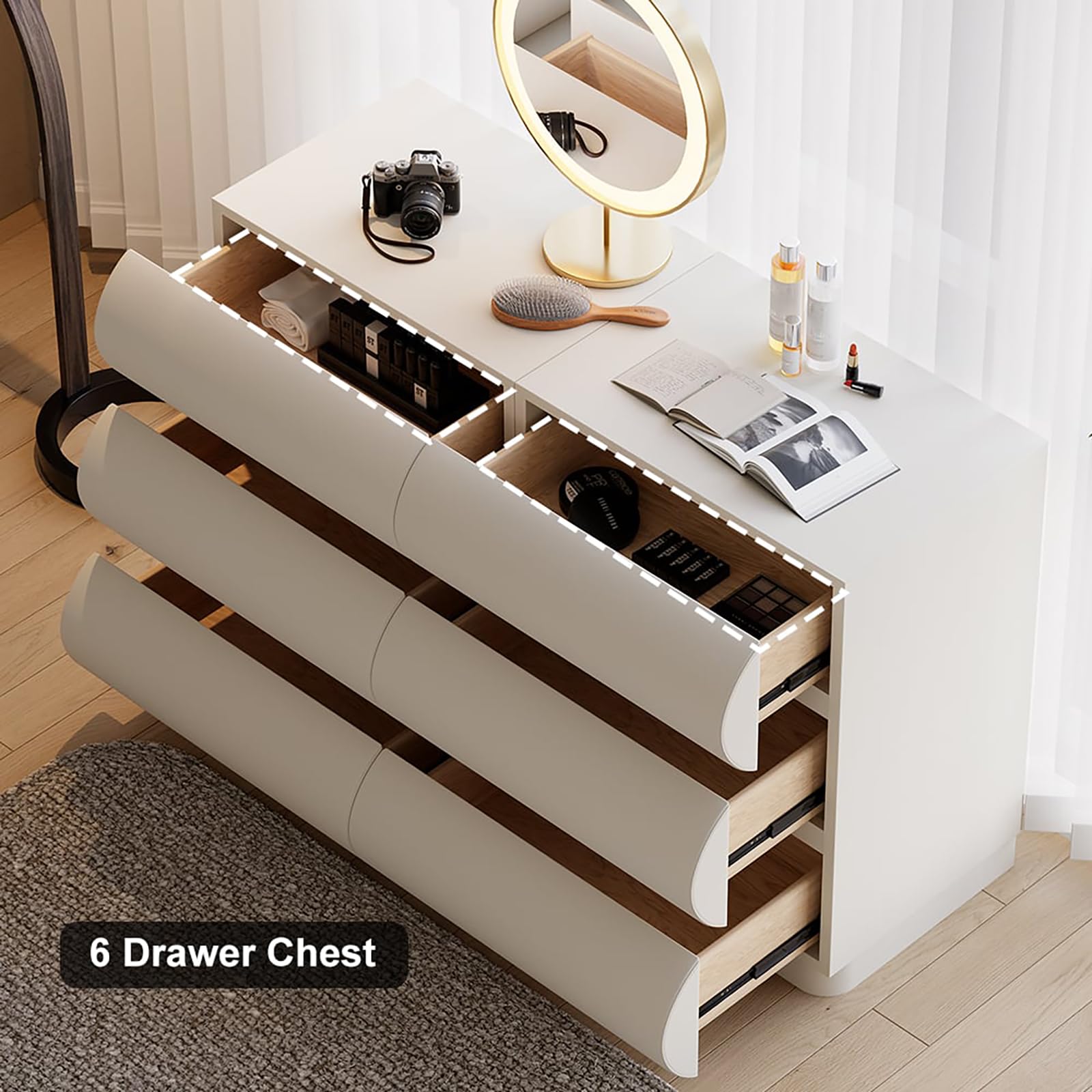 homary Modern White Leather 6 Drawer Dresser Chest with Storage Cabinet