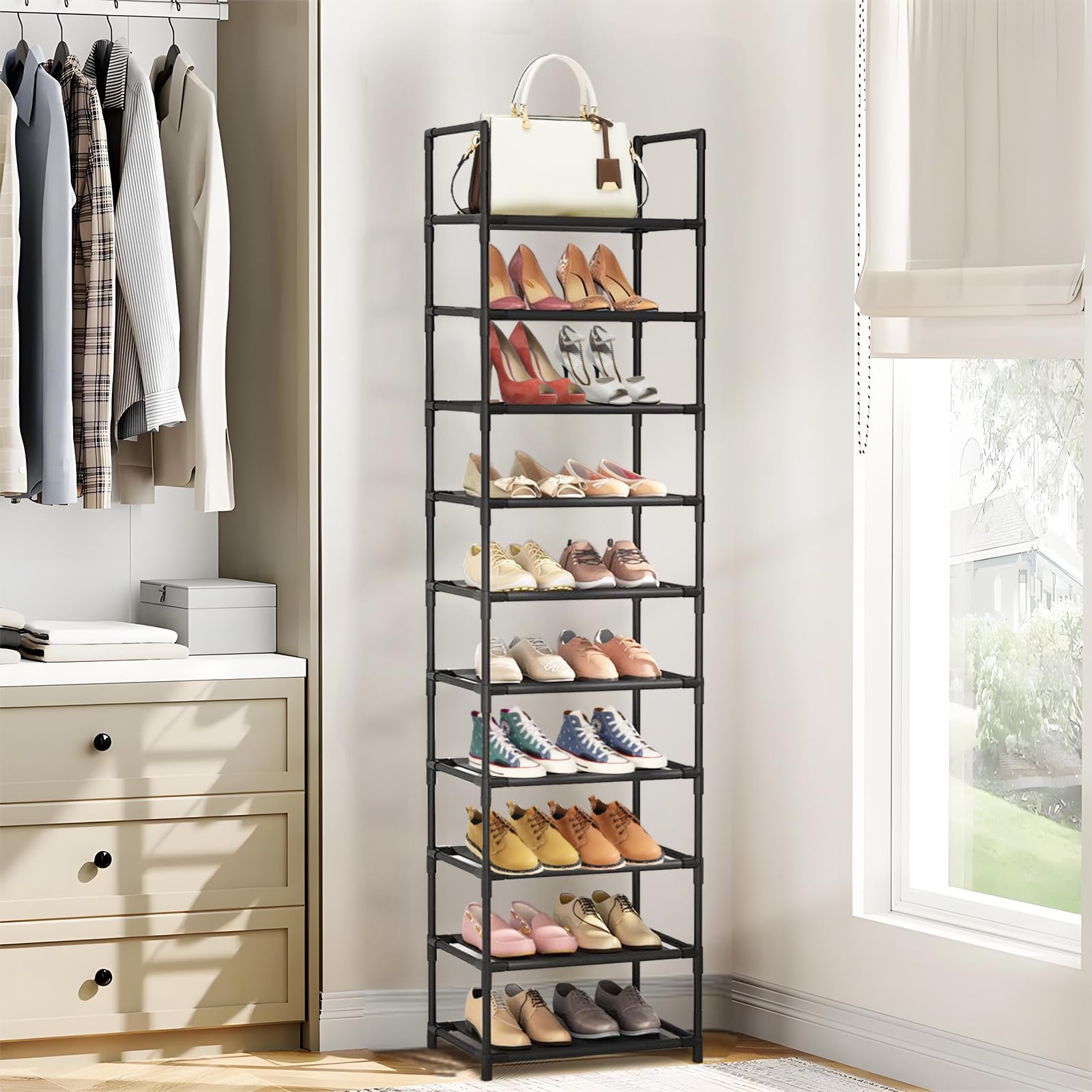 barsone Shoe Rack 10 Tiers, 20-25 Pairs Shoe Organizer Storage Shelf Stand Tower Shoe Rack, Space Saving Shoe Shelves Narrow Free Standing Shoe Rack for Closet Entryway Hallway Apartment Garage