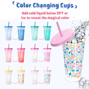 Meoky Plastic Cups with Lids and Straws - 6 Pack 24 oz Color Changing Cups, Iced Coffee Cups, Reusable Tumblers Bulk for Party, Car, Adults, Women, BPA-free (Solid & Patterned)