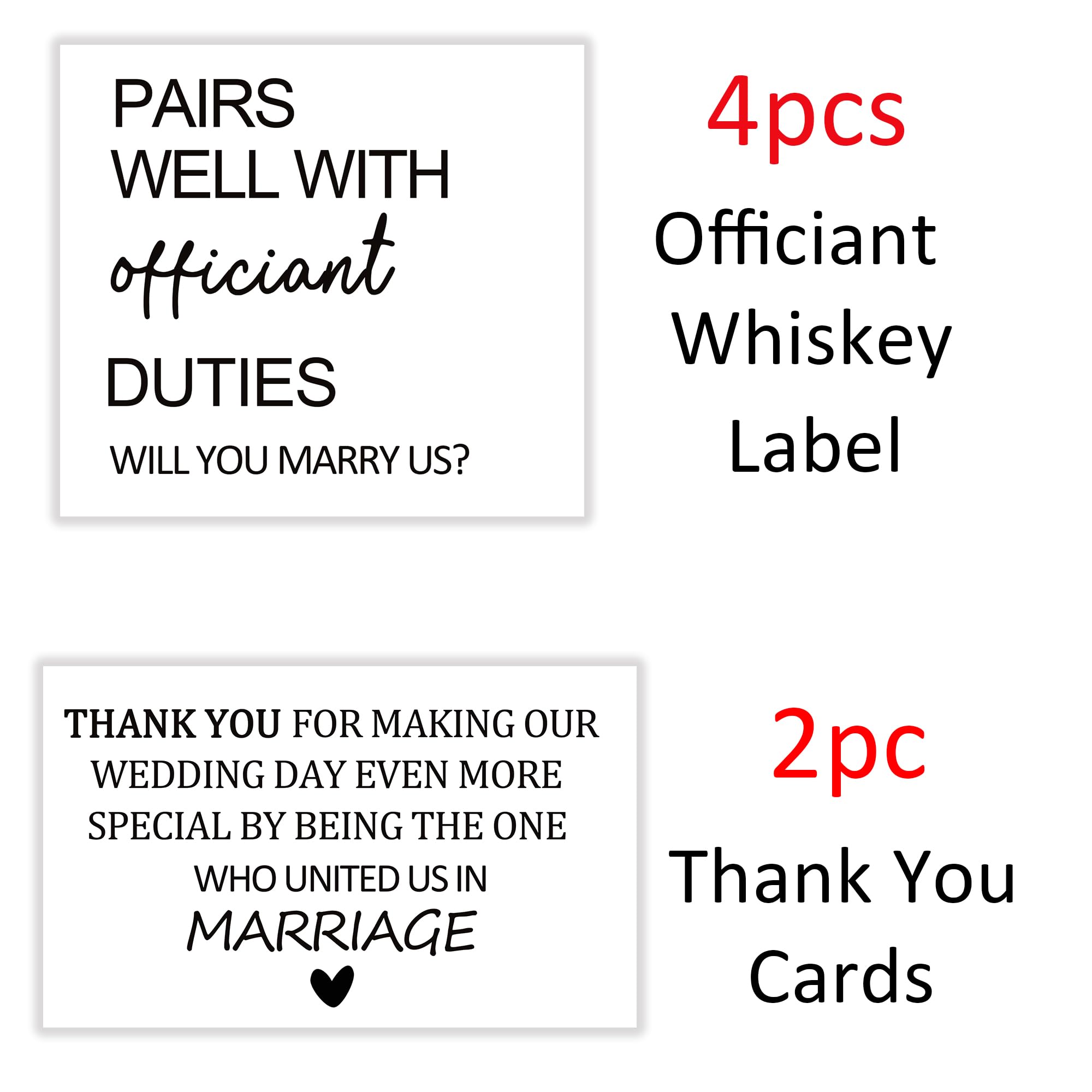 4 Pcs Officiant Whiskey Label +2 Pcs Thank You Cards, Pairs well with officiant duties Wine Bottle Stickers, Wedding Card to Officiant, Wedding Officiant Liquor Label, Officiant Wedding Gift, Gifts fo