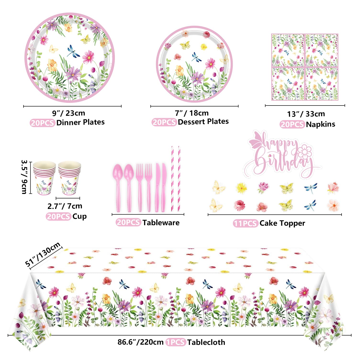 225 Pack Spring Wildflower Party Decorations Floral Tableware Plates Balloons Decorations Wildflower Dinnerware Party Favor for Birthday Baby Shower Bridal Shower Garden Tea Party Serves 20