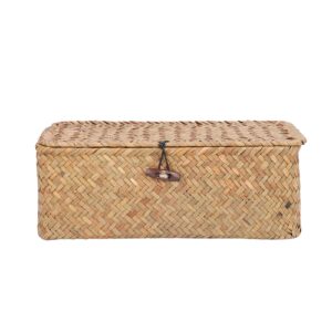 Rectangular Seagrass Basket, Storage Woven Box Wicker Bins with Lid Baskets for Organizing Desktop Hand Shelf Lids Organizers Handwoven Household Basket Boxes Home Organize (L)