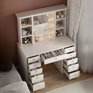 Legendstone Large Vanity Desk with Mirror and Lights,Makeup Vanity Table with 10 LED Lights,11 Drawers,6 Open Shelves,Lots Storage,3 Light Mode,Brightness Adjustable,White