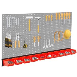 metal pegboard wall organizer for garage 28*48in, 59pcs pegboard accessories organizer kit with pegboard bins, hooks, peg locks, pegboard storage system for workbench, garage, shop, shed(grey)