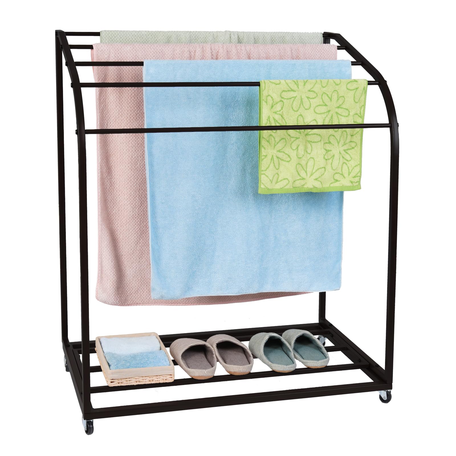 IDEALHOUSE Pool Towel Rack Outdoor with Wheels,PVC Trapedozal Outdoor Towel Rack for Pool,5 Bar Curved Towel Rack - Free Standing Poolside Storage Organizer,Towel Stand for Beach,Pool,Indoor,Black