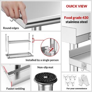 Atelicf Stainless Steel Prep Table for Work, 24 * 48 Inch, High Load Bearing with Undershelf and Backsplash for Outdoor, Restaurants, Hotels, Workshops, Kitchens, Garages and Gardens