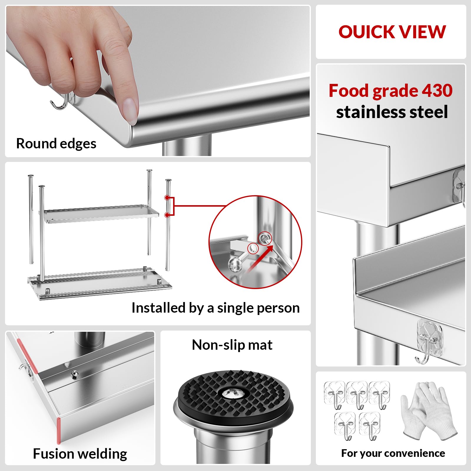 Atelicf Stainless Steel Prep Table for Work, 24 * 48 Inch, High Load Bearing with Undershelf and Backsplash for Outdoor, Restaurants, Hotels, Workshops, Kitchens, Garages and Gardens