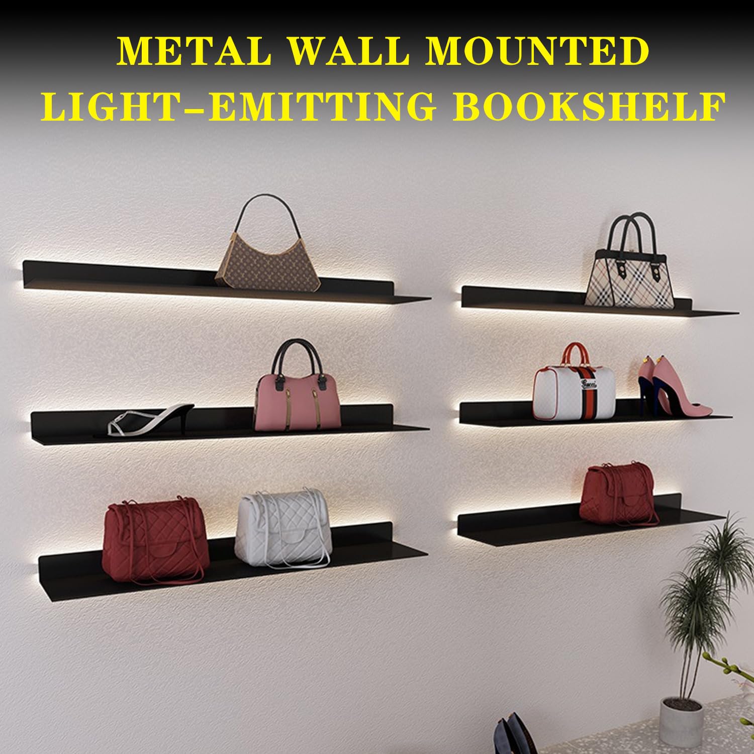 MOFGOE Floating Display Shelf with Built-in Illuminated LED Light and Invisible Brackets, Metal Wall Mounted Light-Emitting Bookshelf, Wall Decor Set of 2, Small Lighted Display Stand,80cm/32in