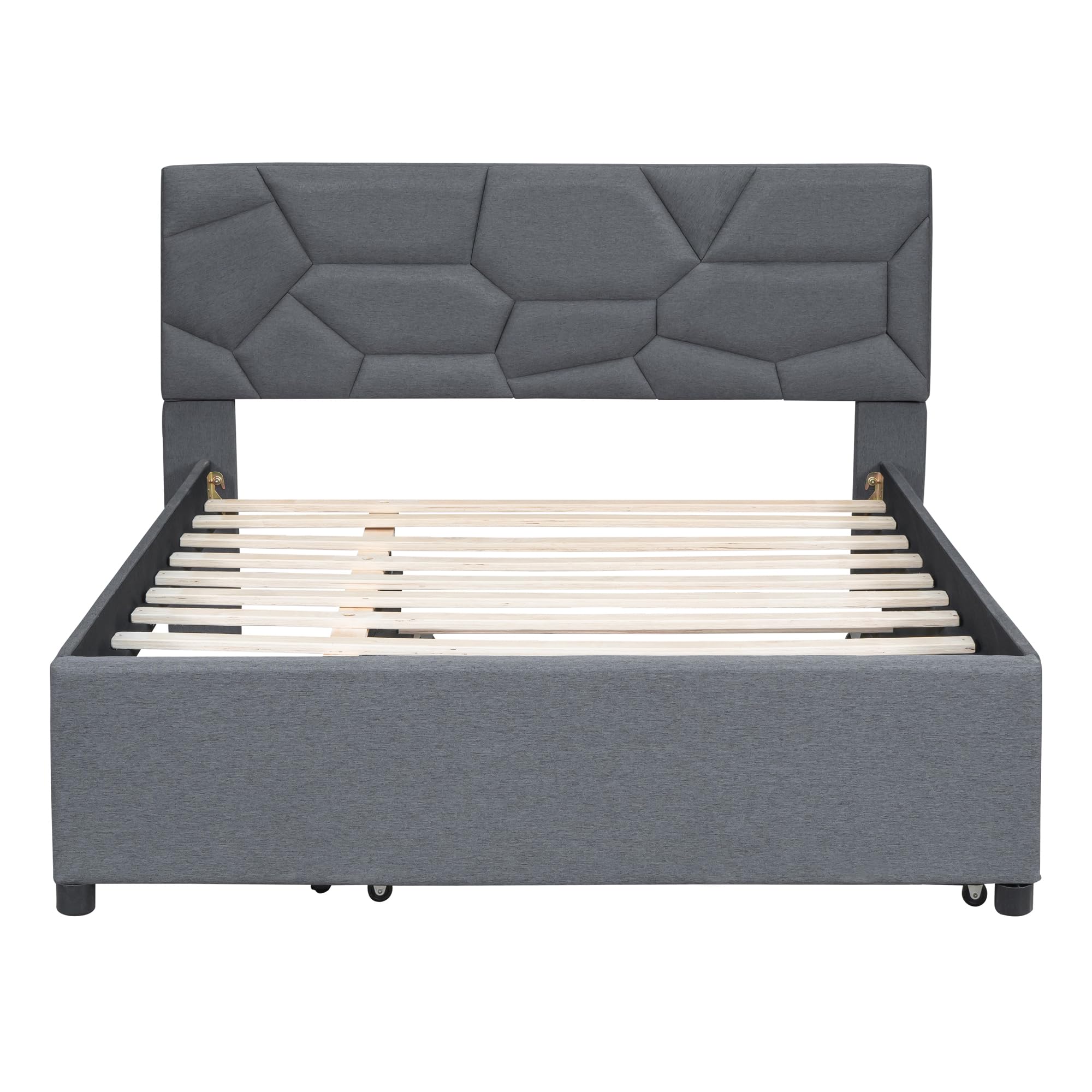 Favfurish Full Size Upholstered Platform Bed with Brick Pattern Headboard and Twin Size Trundle,Bedroom Bed Frame w/Linen Fabric,Wooden Slats Supproted,for Teens Kids,Gray