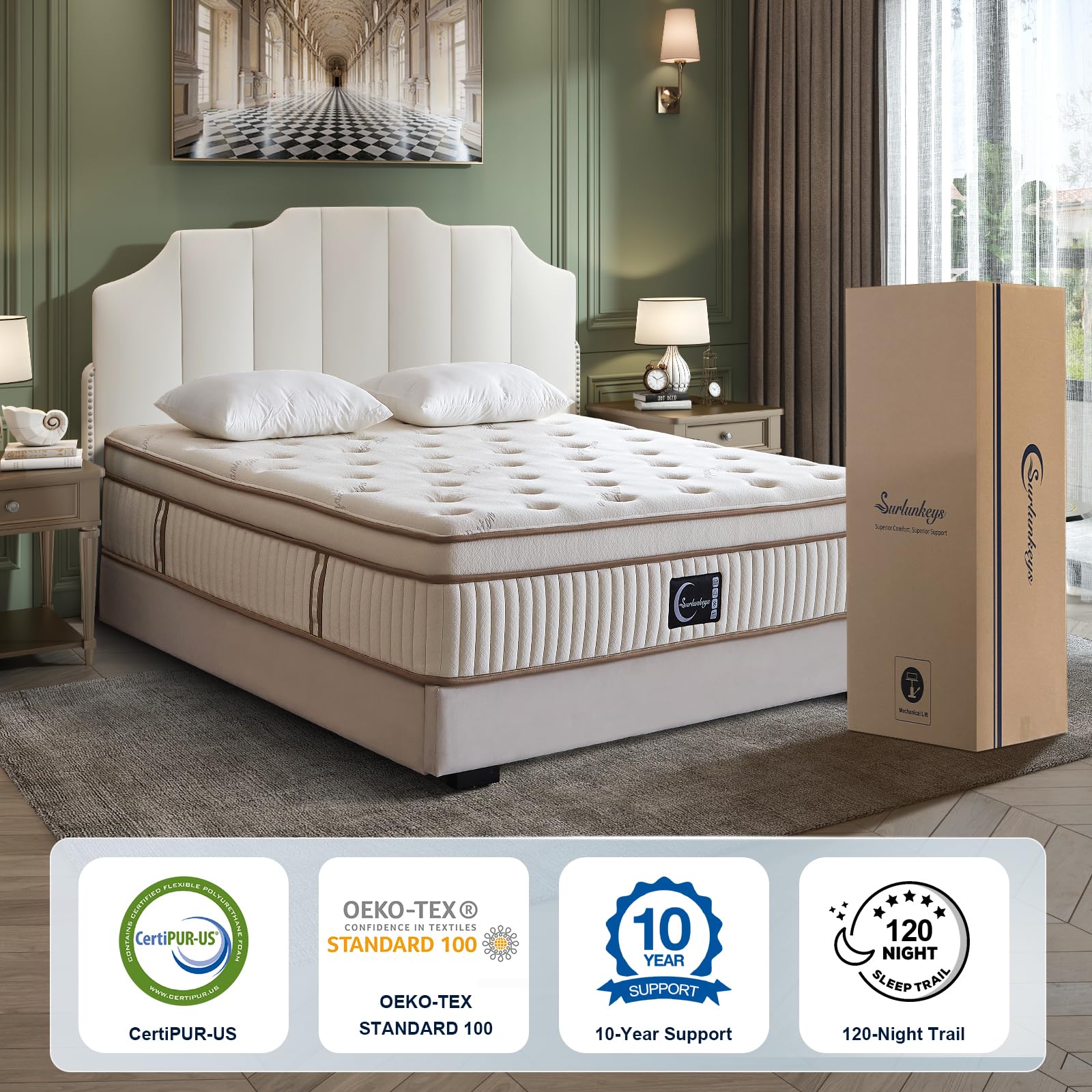 SURLUNKEYS Gel Foam Innerspring Mattress - 14 Inch Queen Mattress for Motion Isolating Pressure Relief, Euro Top Medium Firm Mattress in a Box, Reinforced Edge Support, 120-night Trial