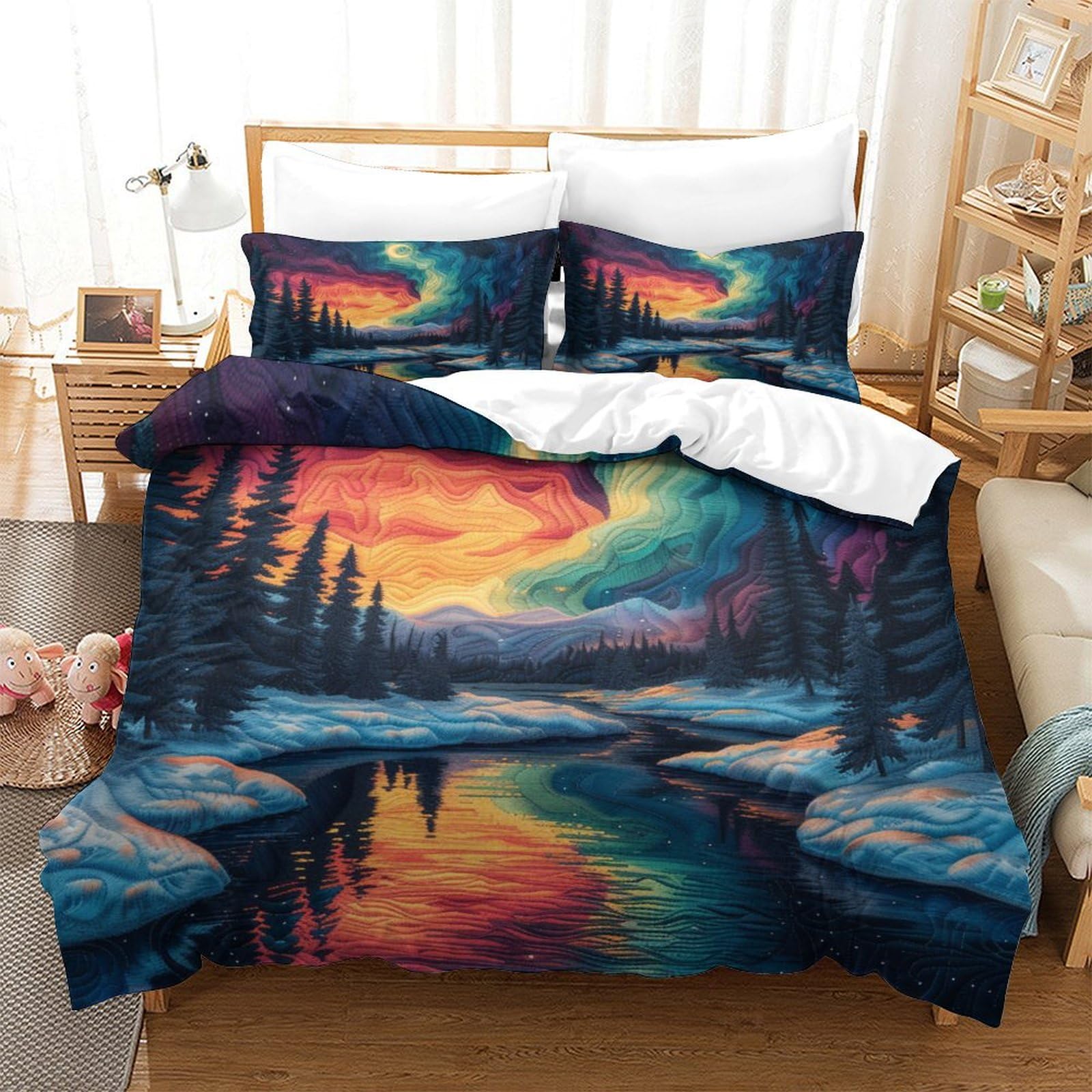 ERGTT Winter Snow Scene Quilt Cover 3D Print Aurora for Teens and Adults Duvet Cover Comforter Covers Soft Microfiber Bedding Set with Zipper Closure with Pillow Cases 3 Pieces Twin（173x218cm）