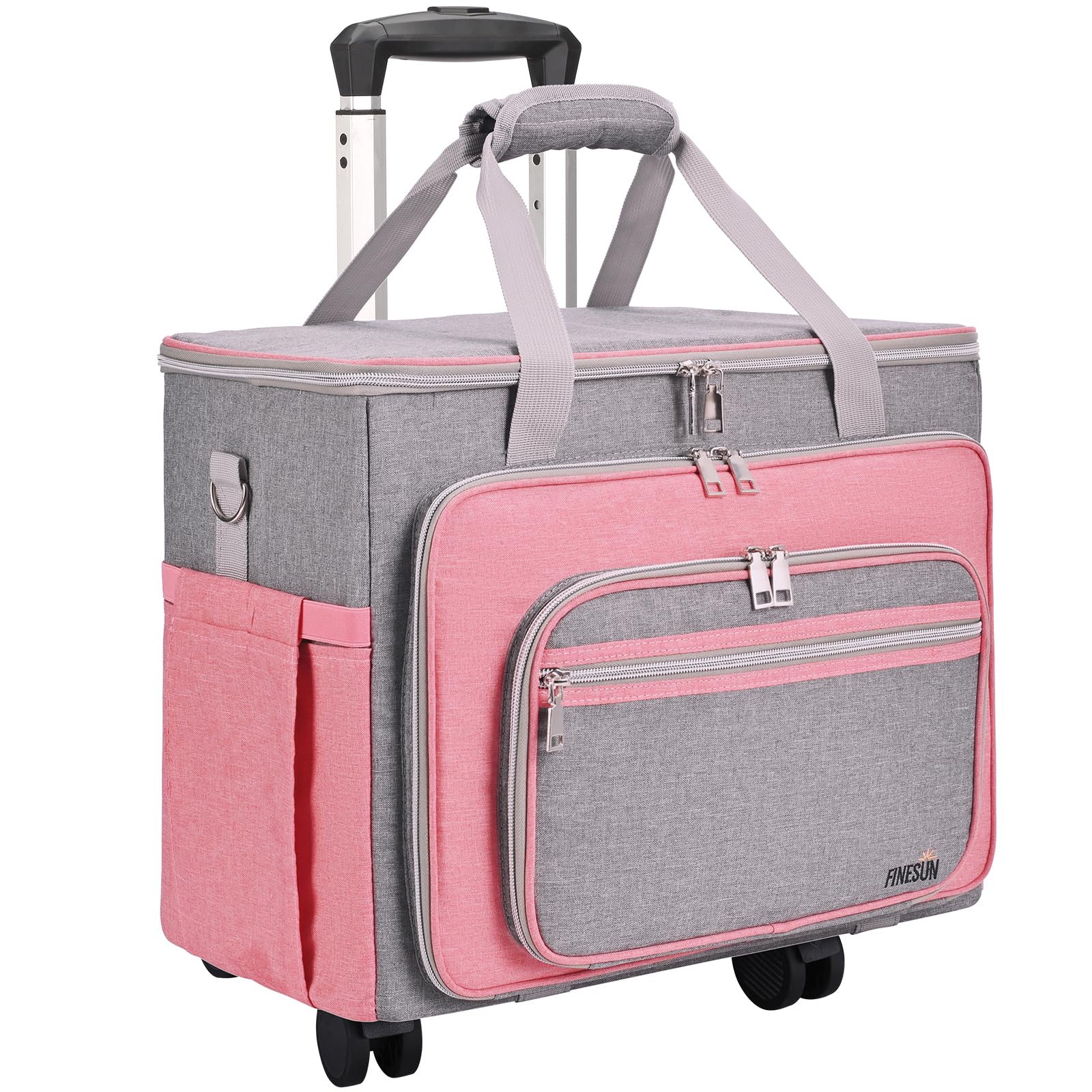 FINESUN Rolling Craft Bag - Rolling Bag with Wheels - Rolling Tote Bag- Rolling Teacher Bag - Wheeled Scrapbook Tote for Scrapbooking and Art - Travel Organizer Storage Bin for Paper,Glue,Tape Pink