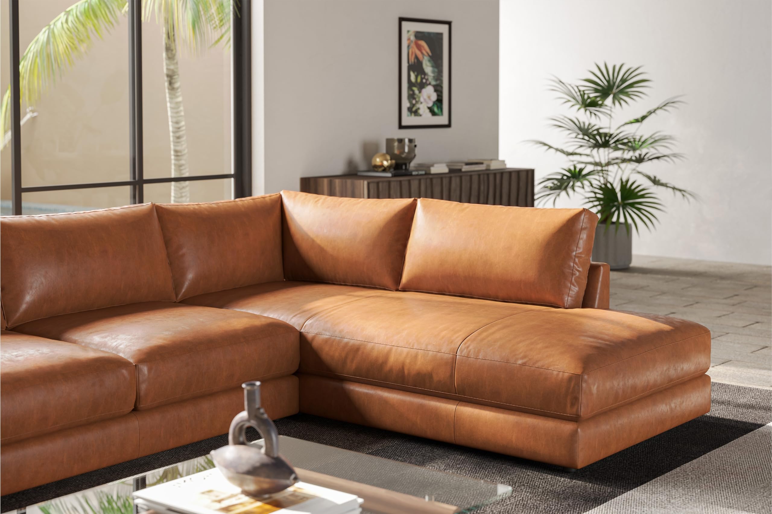 Valencia Serena 108" Cognac Tan Brown Full Leather Sectional Sofa with Right Chaise | Nappa 11000 Leather, Modern Low Profile Lounge Sofa | L Shaped Couch for Living Room Furniture