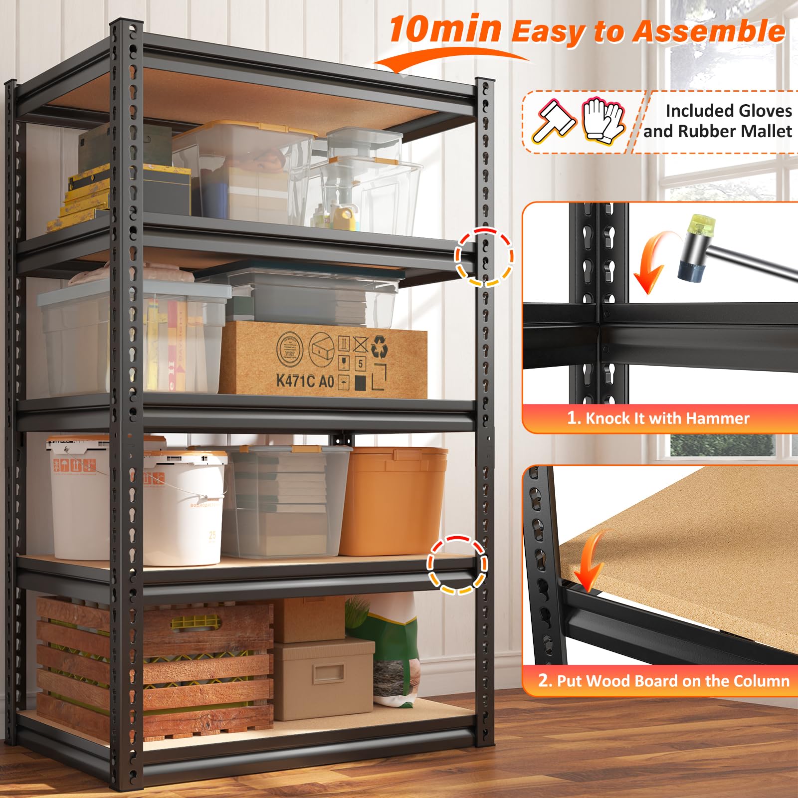 REIBII Storage Shelves 5 Tier Garage Shelving Load 1520LBS Garage Storage Shelves, Shelving Units and Storage Adjustable Heavy Duty Shelving Utility Rack Shelf for Pantry 59.8" H x 27.6" W x 11.8" D