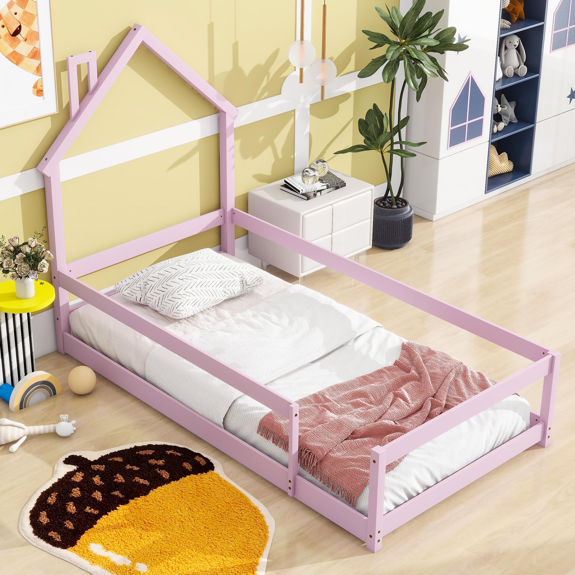 Luxo Abode Twin Size Montessori Floor Bed with Guardrails Fences, Pine Wood Bed Frame w/Chimney House-Shaped Headboard, Easy Assembly, for Toddlers, Children's Room, Playroom, Pink