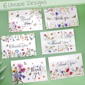 Anvin Thank You Cards 24 Pcs with Kraft Envelopes and Stickers Wildflower Design Blank Note Cards for Wedding, Business, Baby Shower, Funeral, Graduation, Bridal Shower (4x6 Inch)