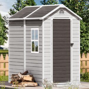 wacasa storage shed 4x6 ft,resin outdoor storage shed with floor & lockable door, all weather plastic lean to shed with window and vent, garden tool shed for bike,toy,lawnmower (grey)