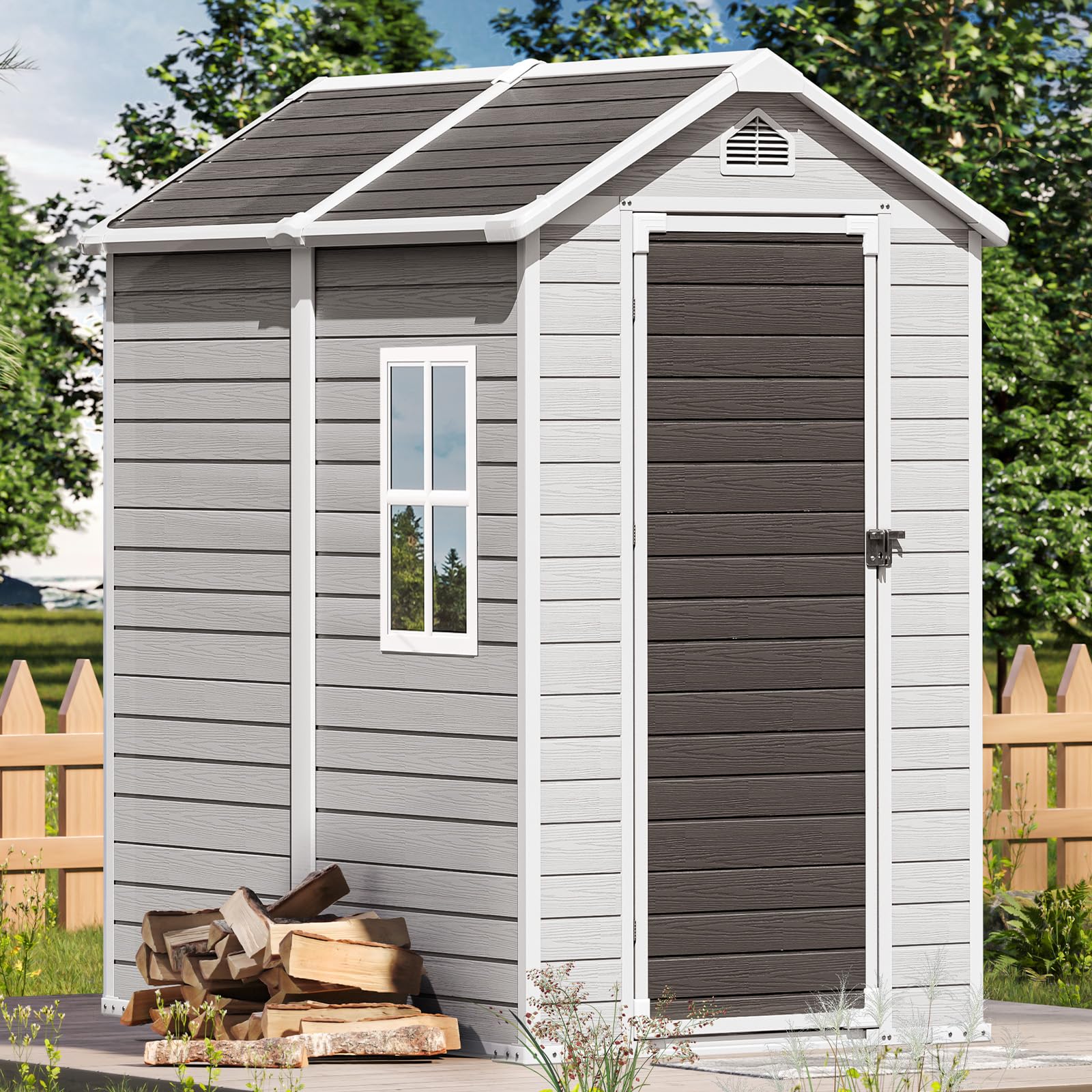 WACASA Storage Shed 4X6 FT,Resin Outdoor Storage Shed with Floor & Lockable Door, All Weather Plastic Lean to Shed with Window and Vent, Garden Tool Shed for Bike,Toy,Lawnmower (Grey)