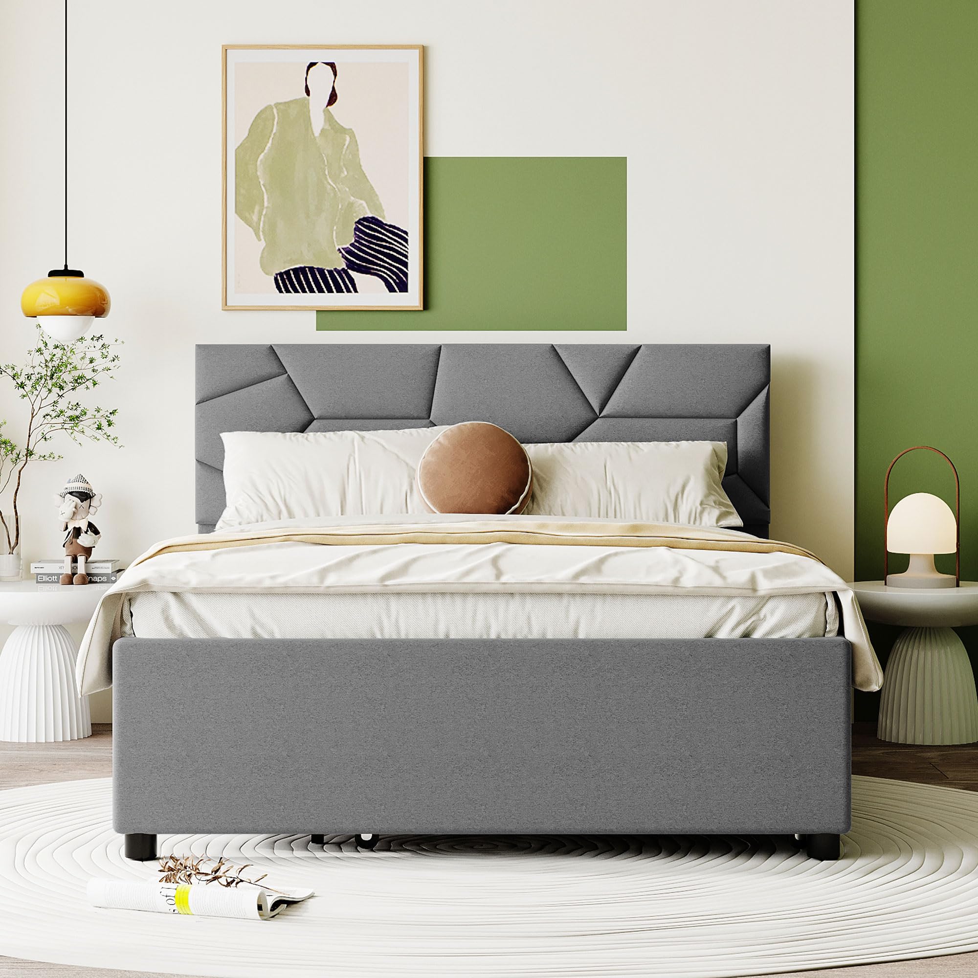 Favfurish Full Size Upholstered Platform Bed with Brick Pattern Headboard and Twin Size Trundle,Bedroom Bed Frame w/Linen Fabric,Wooden Slats Supproted,for Teens Kids,Gray