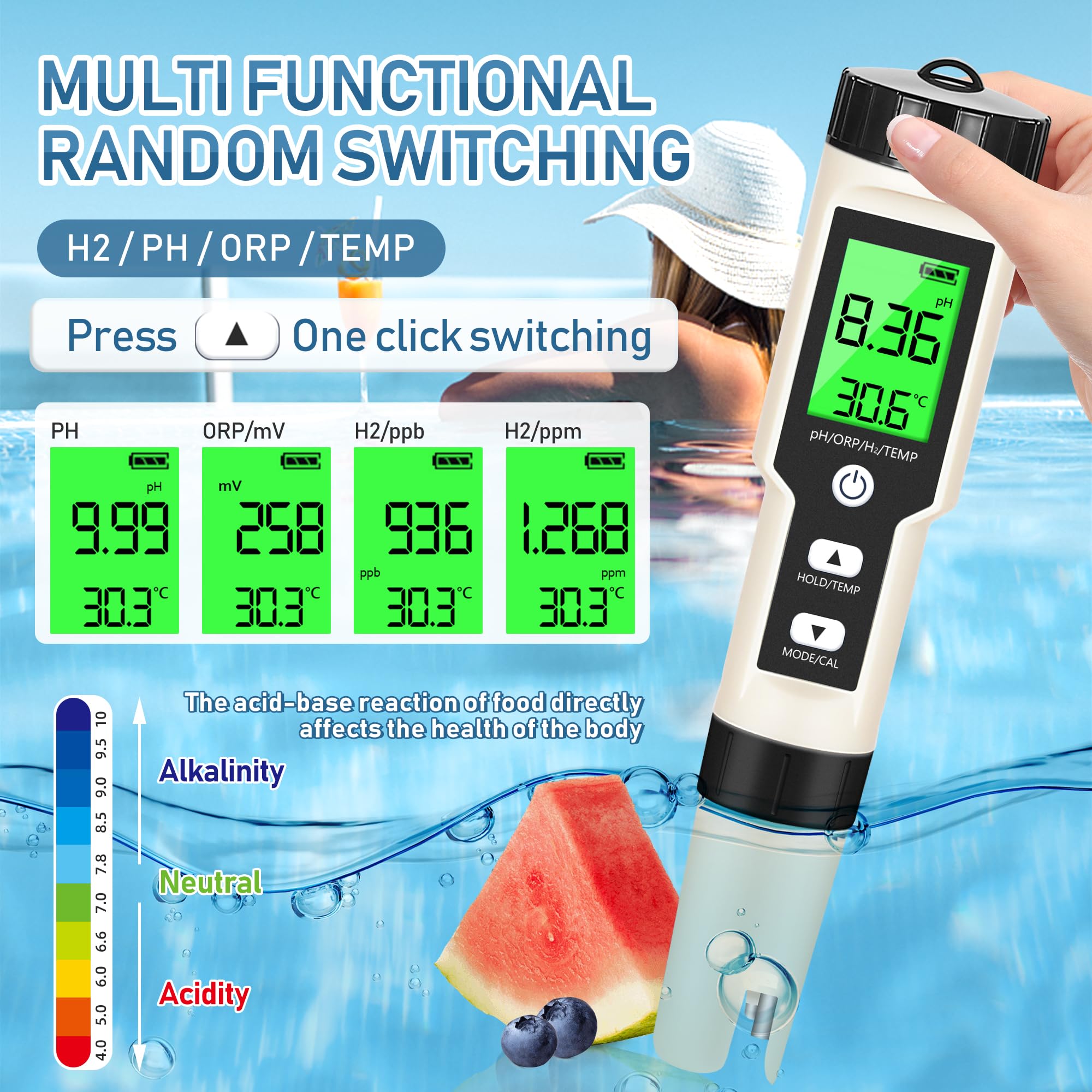 Hydrogen Water Tester 4 in 1 PH,H2,ORP&Temp,pH Meter ORP Meter Hydrogen Tester for Water with ATC & Backlight,Accurate Hydrogen Water ppb/ppm Meter,Water Testing Kits for Drinking Water Quality