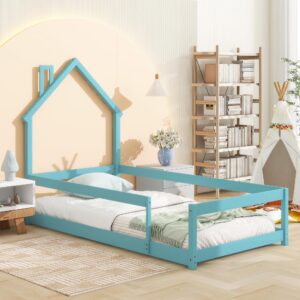 Luxo Abode Twin Size Montessori Floor Bed with Guardrails Fences, Pine Wood Bed Frame w/Chimney House-Shaped Headboard, Easy Assembly, for Toddlers, Children's Room, Playroom, Light Blue