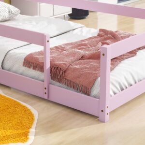 Luxo Abode Twin Size Montessori Floor Bed with Guardrails Fences, Pine Wood Bed Frame w/Chimney House-Shaped Headboard, Easy Assembly, for Toddlers, Children's Room, Playroom, Pink