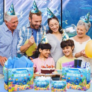 Sea Animals Party Supplies Ocean Animals Birthday Gift Bag with Tissue Papers Card Blue Under the Sea Birthday Wrapping Paper Bag for Underwater Pool Beach Birthday Baby Shower Party Decorations