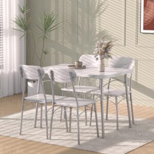 VECELO 5-Piece Dining Room Table Set, Rectangular Dinette with 4 Chairs for Kitchen, Breakfast Nook, Small Space, Marble White