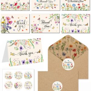 Anvin Thank You Cards 24 Pcs with Kraft Envelopes and Stickers Wildflower Design Blank Note Cards for Wedding, Business, Baby Shower, Funeral, Graduation, Bridal Shower (4x6 Inch)