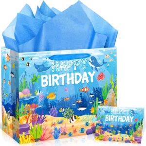 sea animals party supplies ocean animals birthday gift bag with tissue papers card blue under the sea birthday wrapping paper bag for underwater pool beach birthday baby shower party decorations