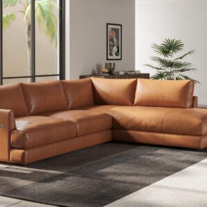 Valencia Serena 108" Cognac Tan Brown Full Leather Sectional Sofa with Right Chaise | Nappa 11000 Leather, Modern Low Profile Lounge Sofa | L Shaped Couch for Living Room Furniture